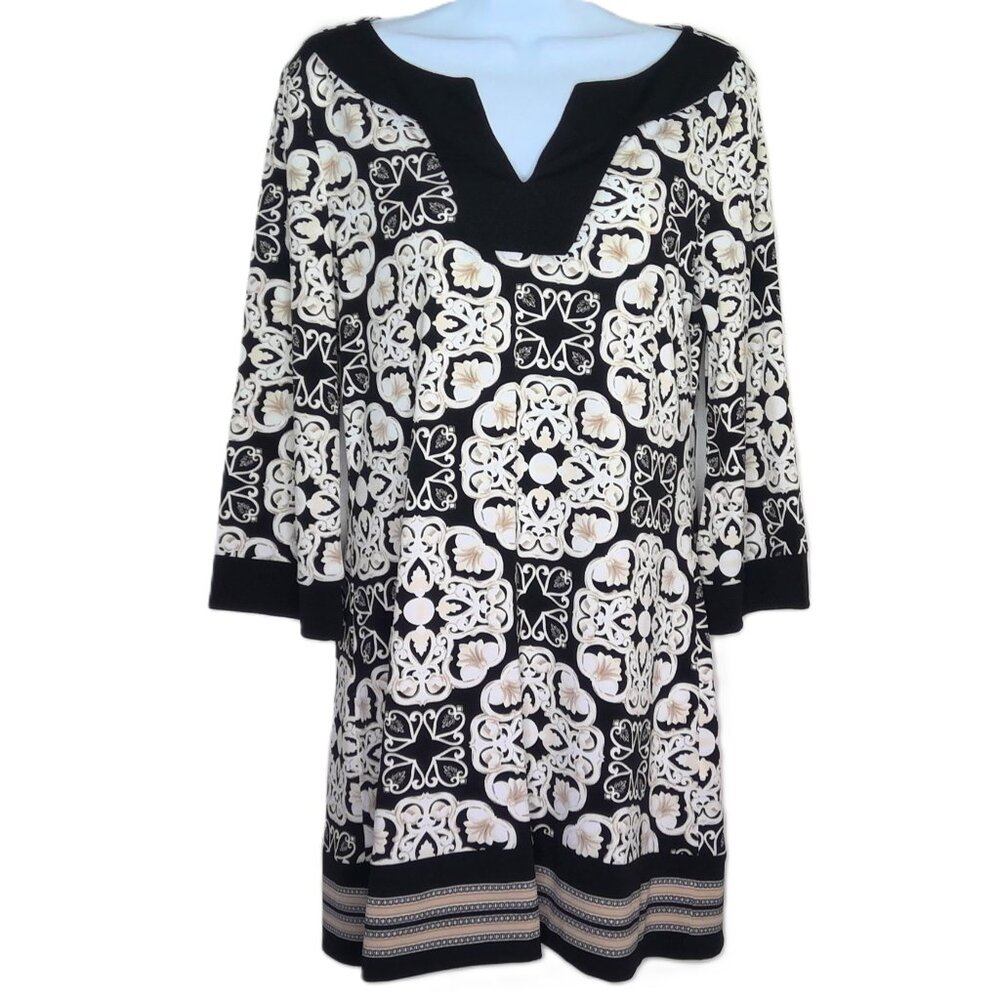 White House Black Market Tunic Top Paisley Floral 3/4 Sleeve Stretch EUC Sz S